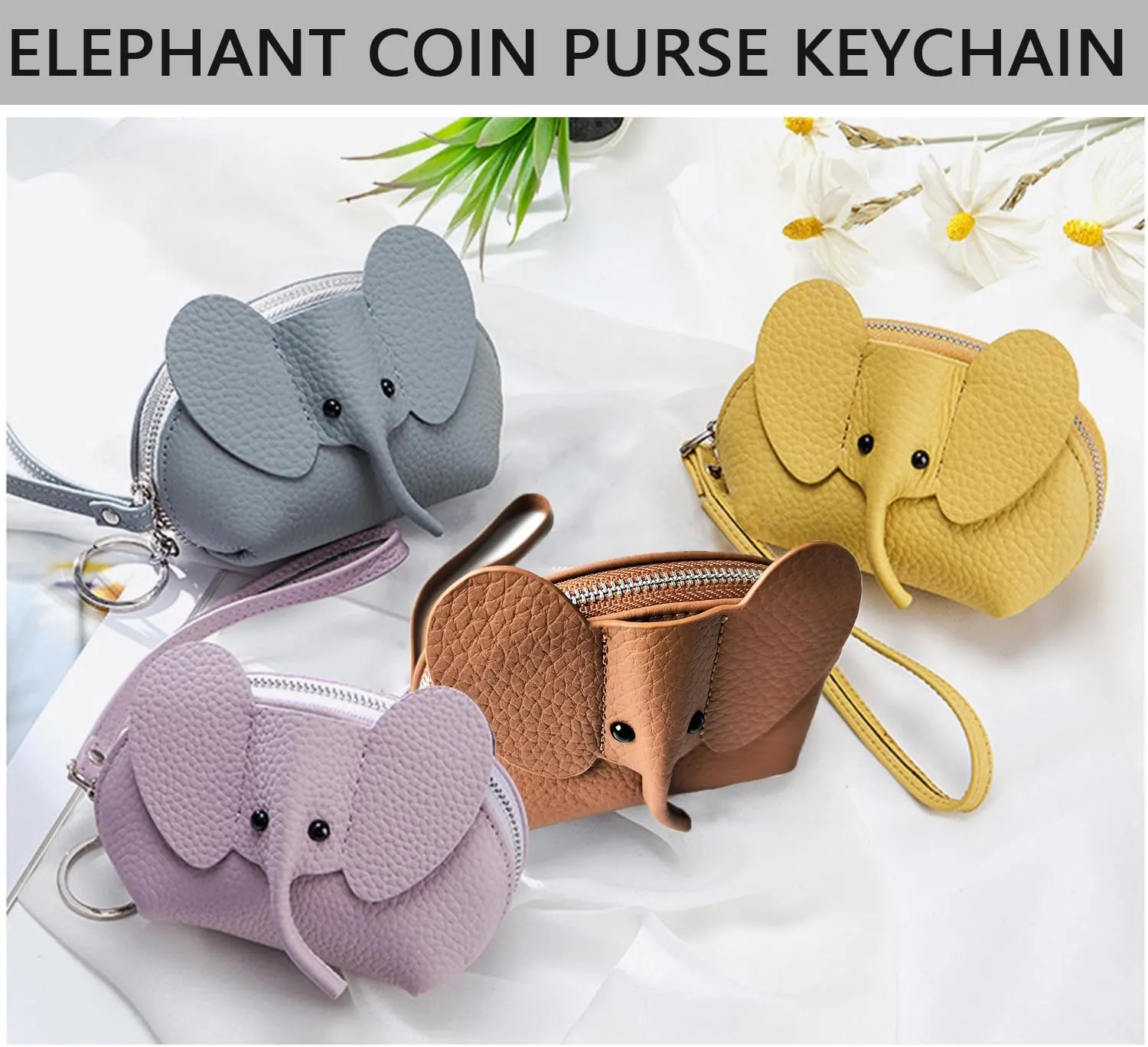 Leather Coin Purse Leather Elephant Keychain Wallet Small Coin Pouch with Keychain Leather Wallet Cute Elephant Gifts for Girls Women