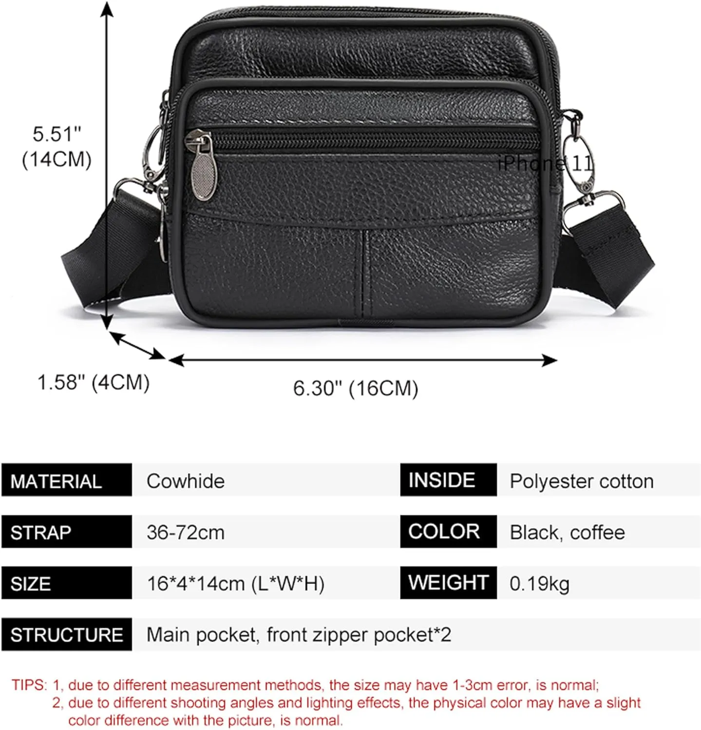 Leather Men Cell Phone Belt Clip Holster, Small Crossbody Sling Bag, Leather Belt Loop Bag Mobile Phone Wallet Shoulder Phone Waist Bag Messenger Crossbody Pouch for Travel Sports Hiking Running