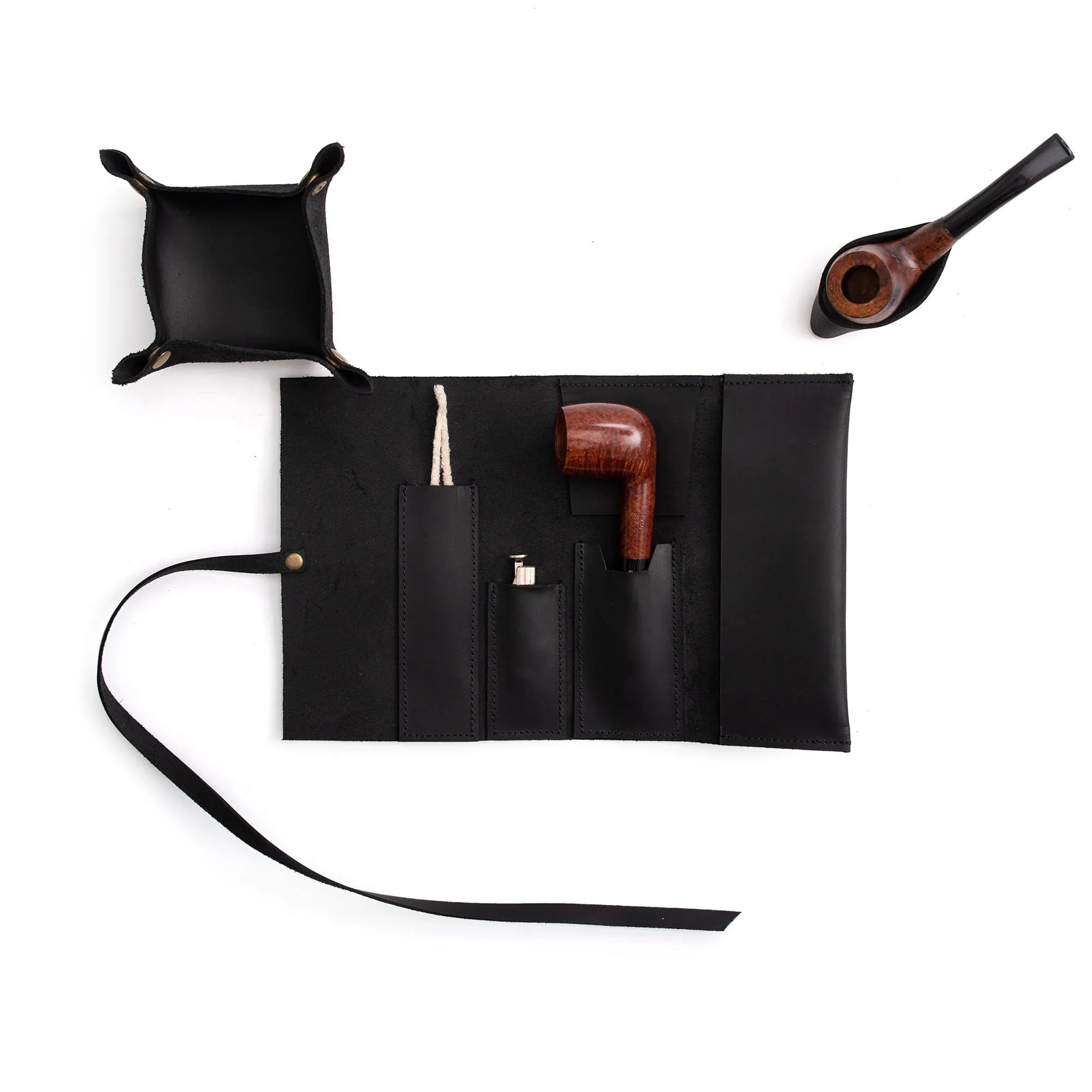 Leather Mini Pipe Pouch, Leather Pipe Rollup Bag for 1-Pipe, Handmade Pocketsize Pipe Roll, Matte Black