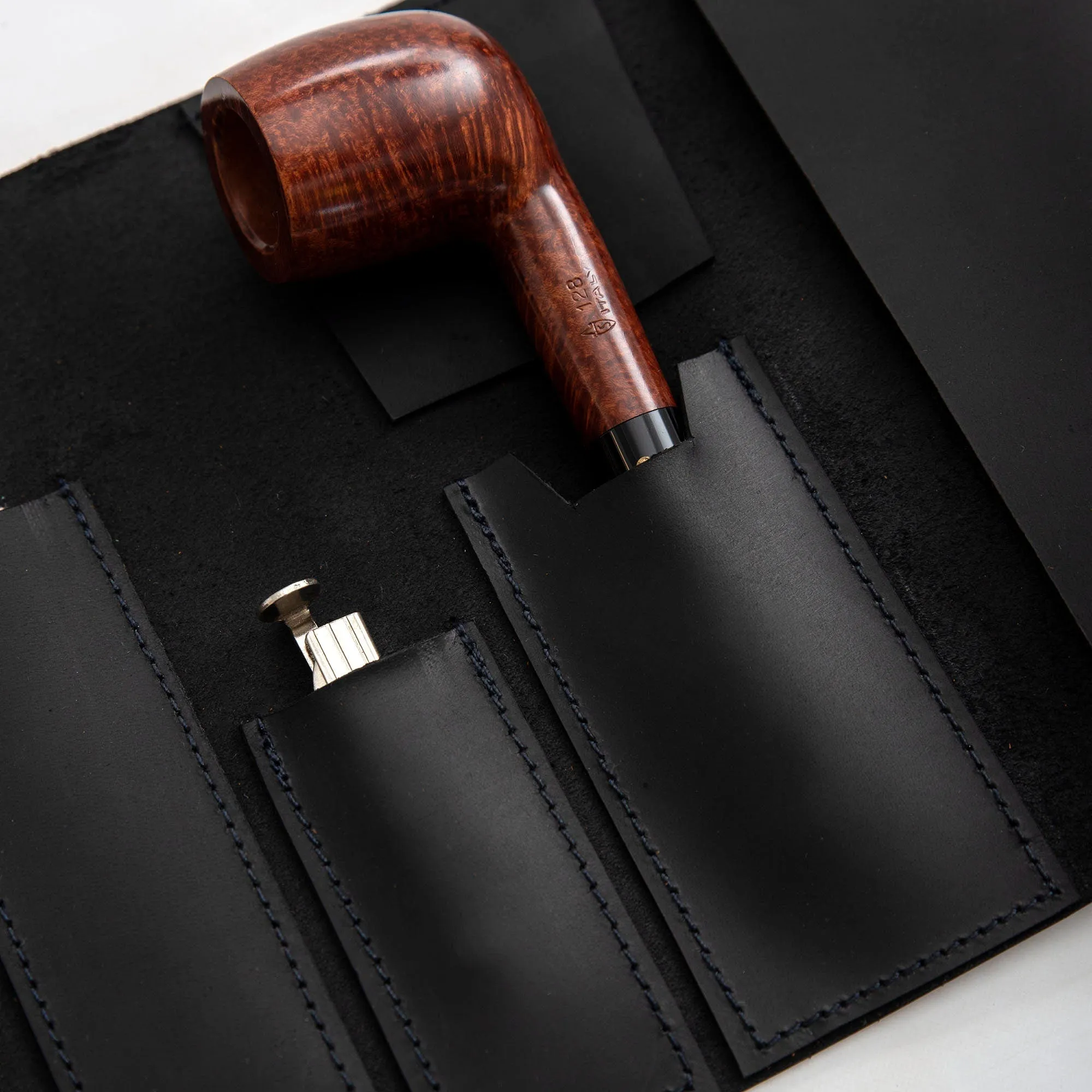 Leather Mini Pipe Pouch, Leather Pipe Rollup Bag for 1-Pipe, Handmade Pocketsize Pipe Roll, Matte Black