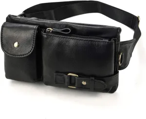 Leather Slim Waist Pack for Man & Woman, Vintage Design & 4 Zipper Pockets & Adjustable Strap, Large Capacity Fanny Pack Crossbody Belt Bag for Travel or Ride, 9080 Black