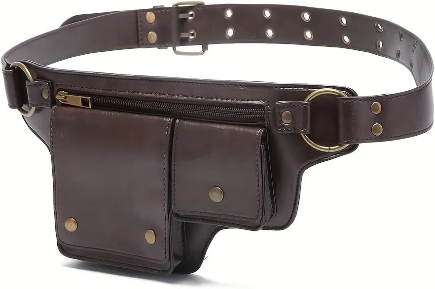Leather waist bag punk style waist bag, vintage PU leather waist bag, outdoor sports travel fashion waist bagtactical waist packcarhartt belt bag (blach)