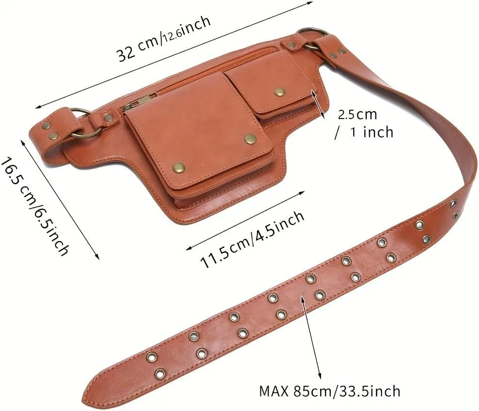 Leather waist bag punk style waist bag, vintage PU leather waist bag, outdoor sports travel fashion waist bagtactical waist packcarhartt belt bag (blach)