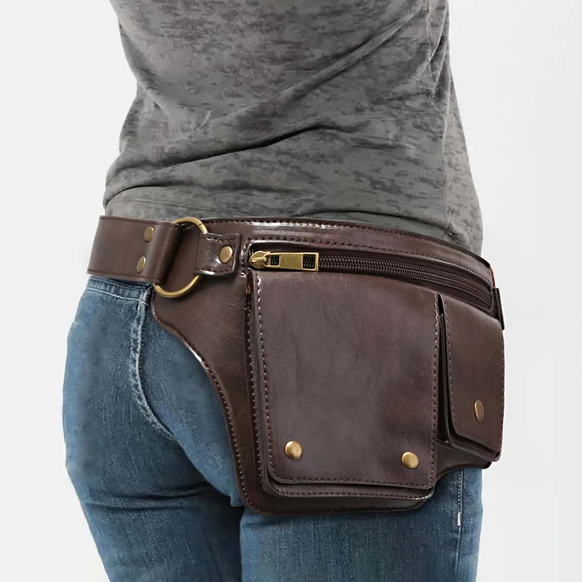 Leather waist bag punk style waist bag, vintage PU leather waist bag, outdoor sports travel fashion waist bagtactical waist packcarhartt belt bag (blach)