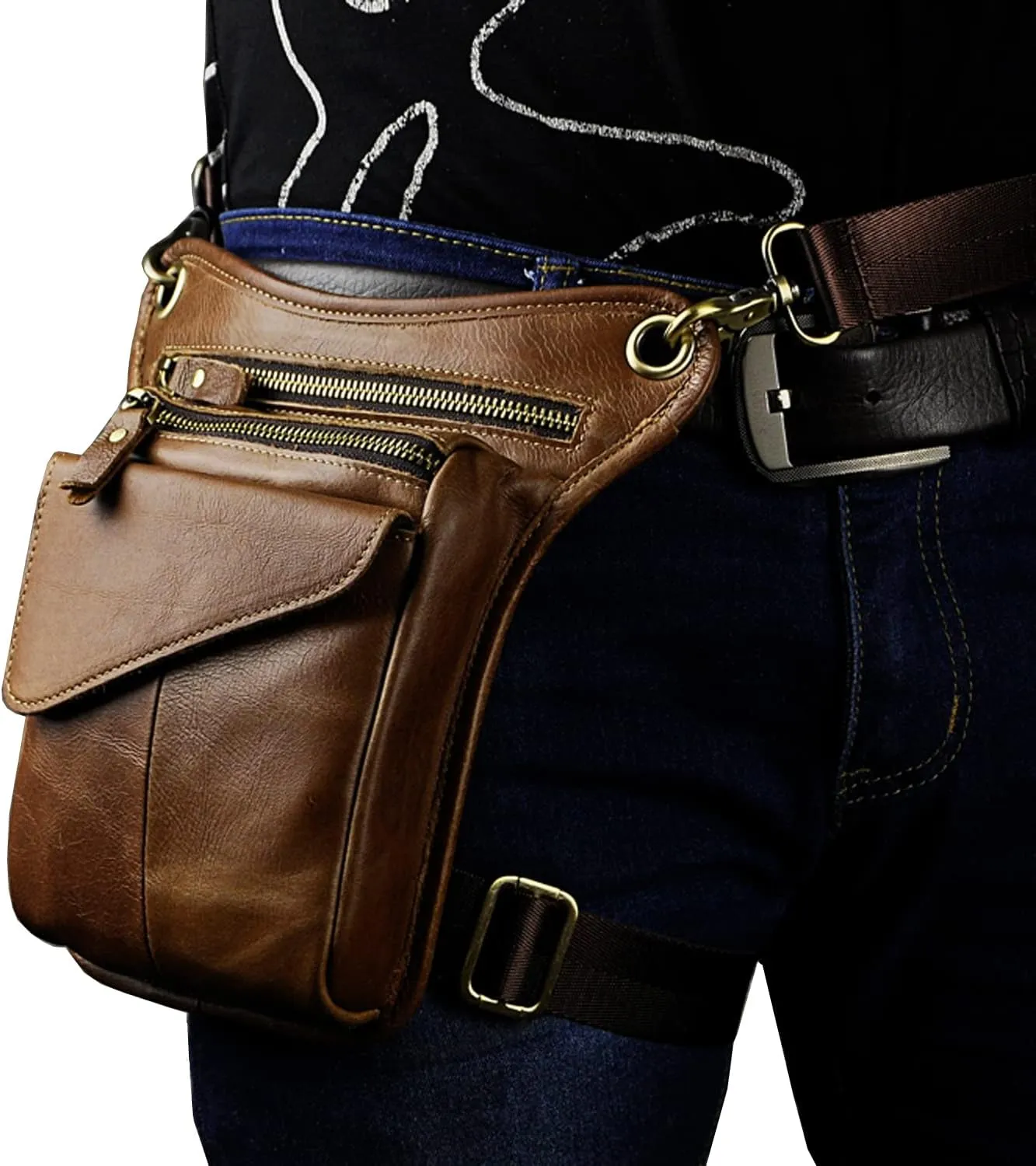 Leather Waist Pack Drop Leg Bag for Men Women Belt Bum Pouch Multi-Purpose Motorcycle Outdoor Sports Tactical Cycling Hiking Camping Casual Daypack Light Brown