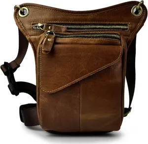 Leather Waist Pack Drop Leg Bag for Men Women Belt Bum Pouch Multi-Purpose Motorcycle Outdoor Sports Tactical Cycling Hiking Camping Casual Daypack Light Brown