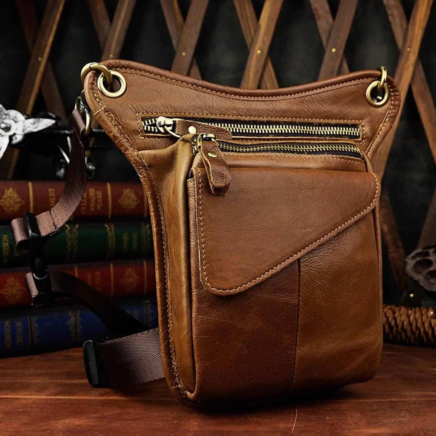 Leather Waist Pack Drop Leg Bag for Men Women Belt Bum Pouch Multi-Purpose Motorcycle Outdoor Sports Tactical Cycling Hiking Camping Casual Daypack Light Brown