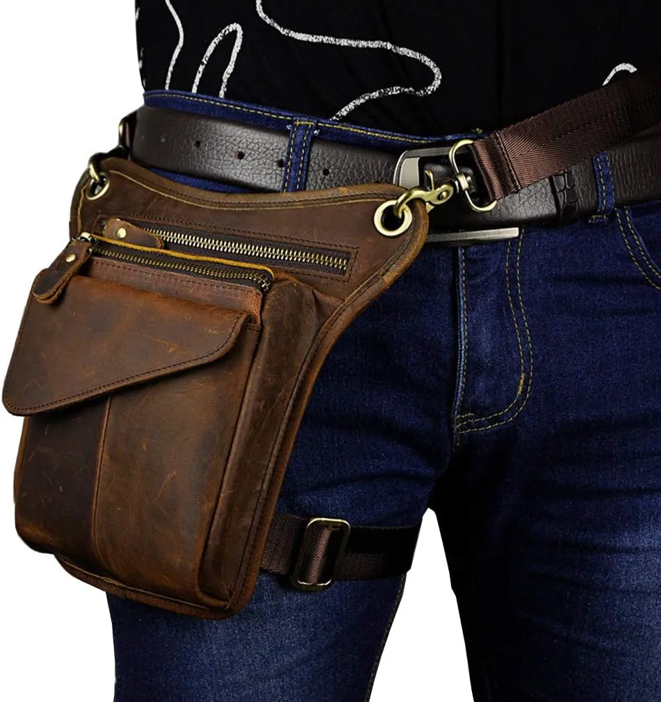 Leather Waist Pack Drop Leg Bag for Men Women Belt Bumbag Multi-Purpose Motorcycle Bike Outdoor Sports Tactical Cycling Riding Hiking Camping Pouch