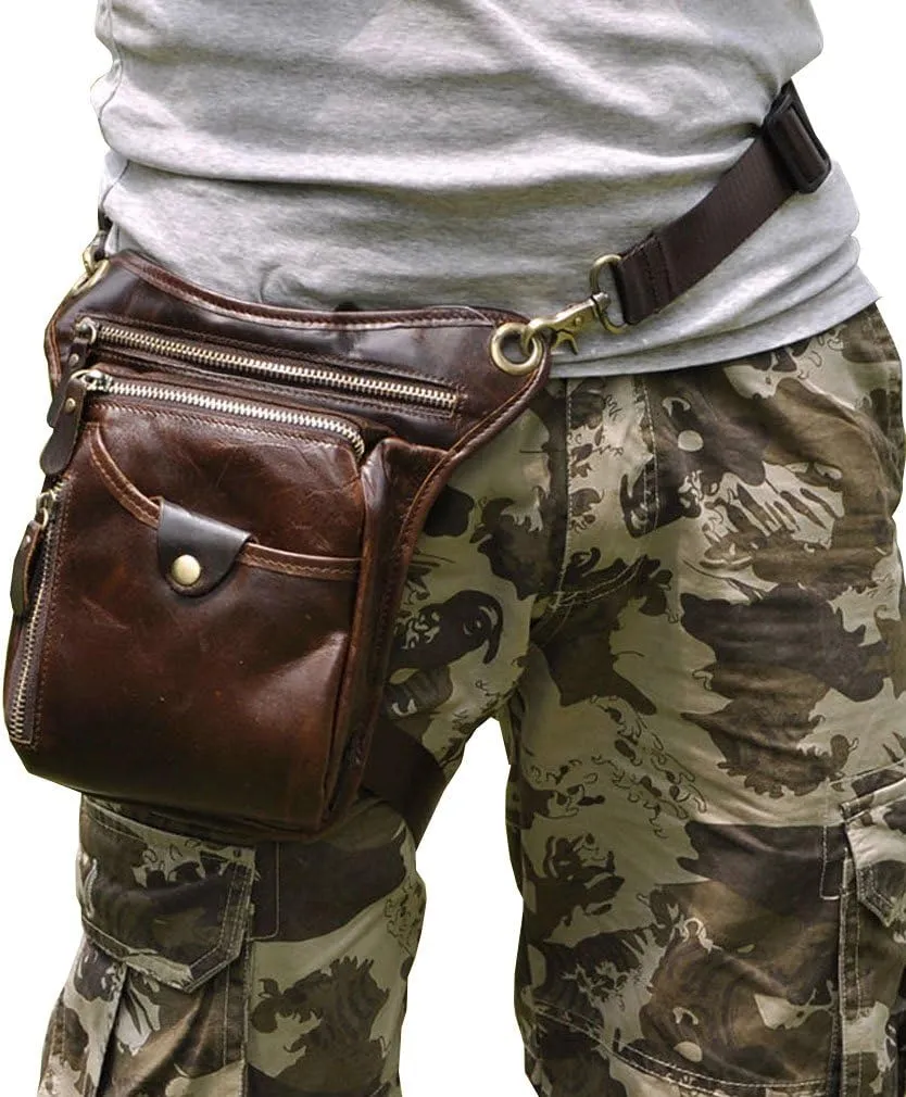 Leather Waist Pack Drop Leg Bag for Men Women Belt Bumbag Multi-Purpose Motorcycle Bike Outdoor Sports Tactical Cycling Riding Hiking Camping Pouch