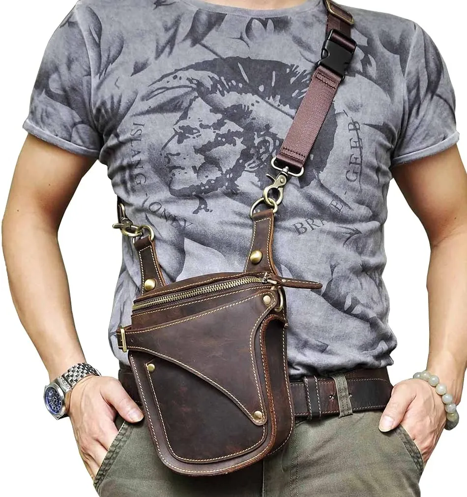 Leather Waist Pack Drop Leg Bag for Men Women Belt Bumbag Multi-Purpose Motorcycle Bike Outdoor Sports Tactical Cycling Riding Hiking Camping Pouch