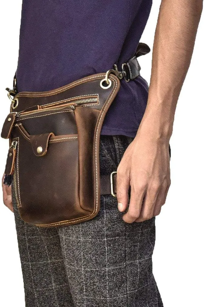 Leather Waist Pack Drop Leg Bag for Men Women Belt Bumbag Multi-Purpose Motorcycle Bike Outdoor Sports Tactical Cycling Riding Hiking Camping Pouch