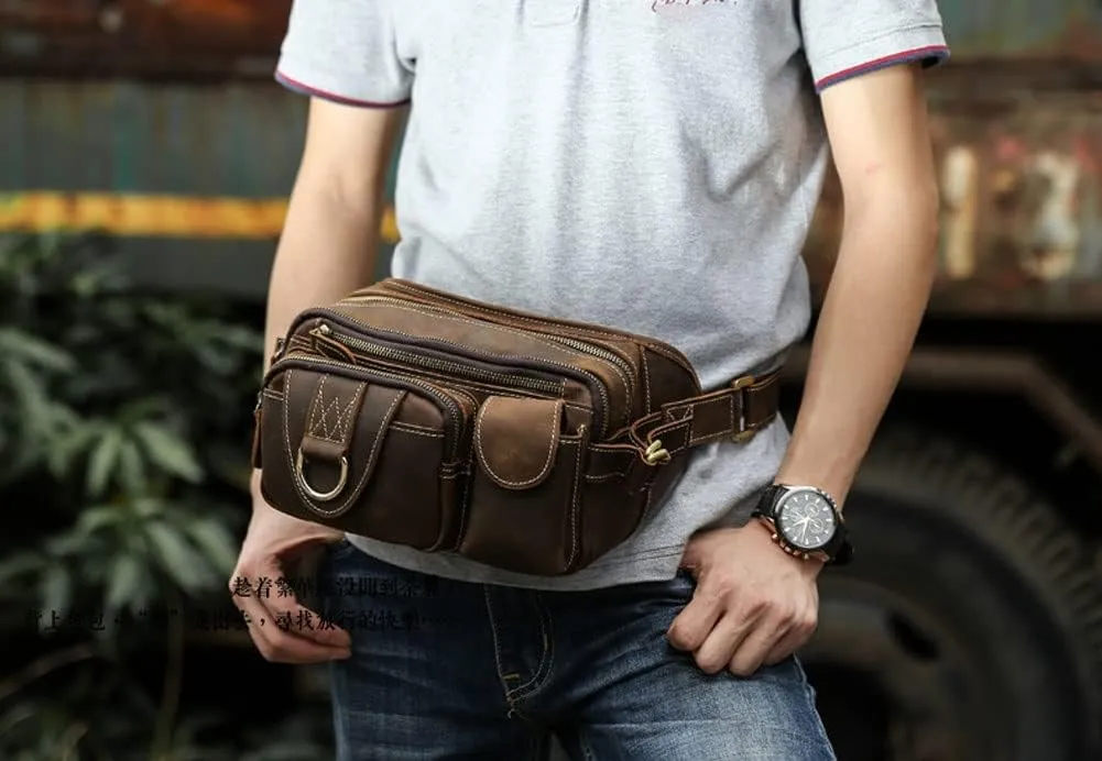 Leather women's and men's hiking shopping multifunctional travel waist bag