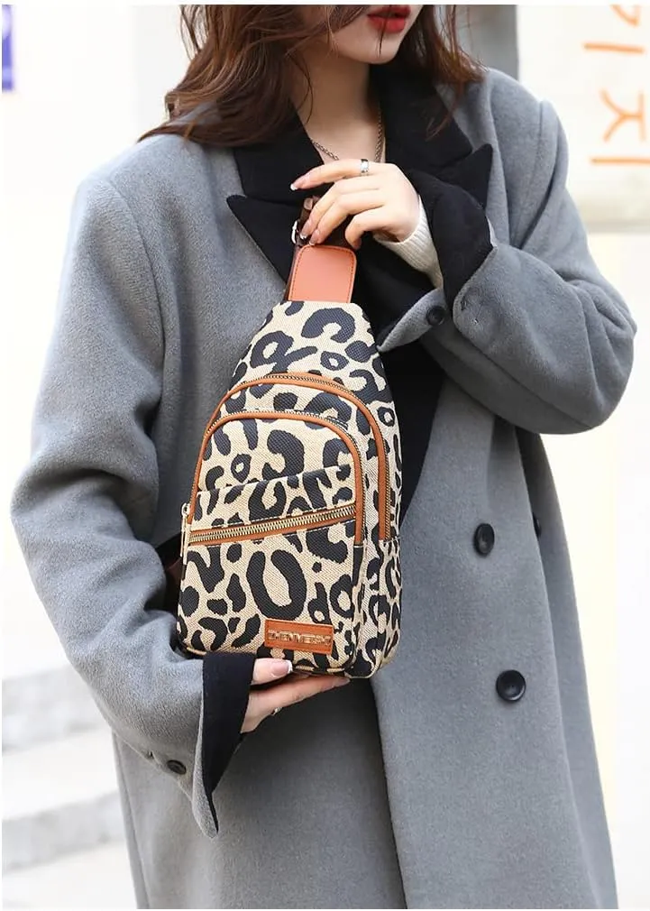 Leopard Print Chest Bag for Women Letter Print Crossbody Sling Backpack with Wide Strap Multipurpose Fanny Daypack (leopard print)