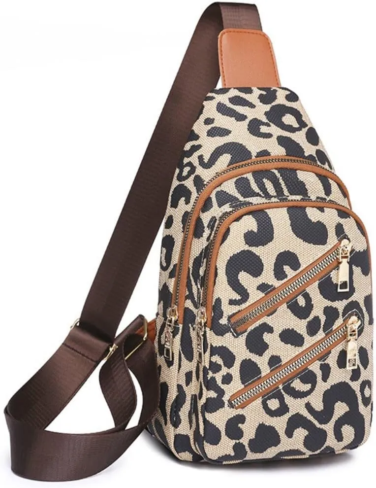 Leopard Print Chest Bag for Women Letter Print Crossbody Sling Backpack with Wide Strap Multipurpose Fanny Daypack (white)