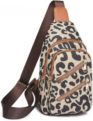Leopard Print Chest Bag for Women Letter Print Crossbody Sling Backpack with Wide Strap Multipurpose Fanny Daypack (white)