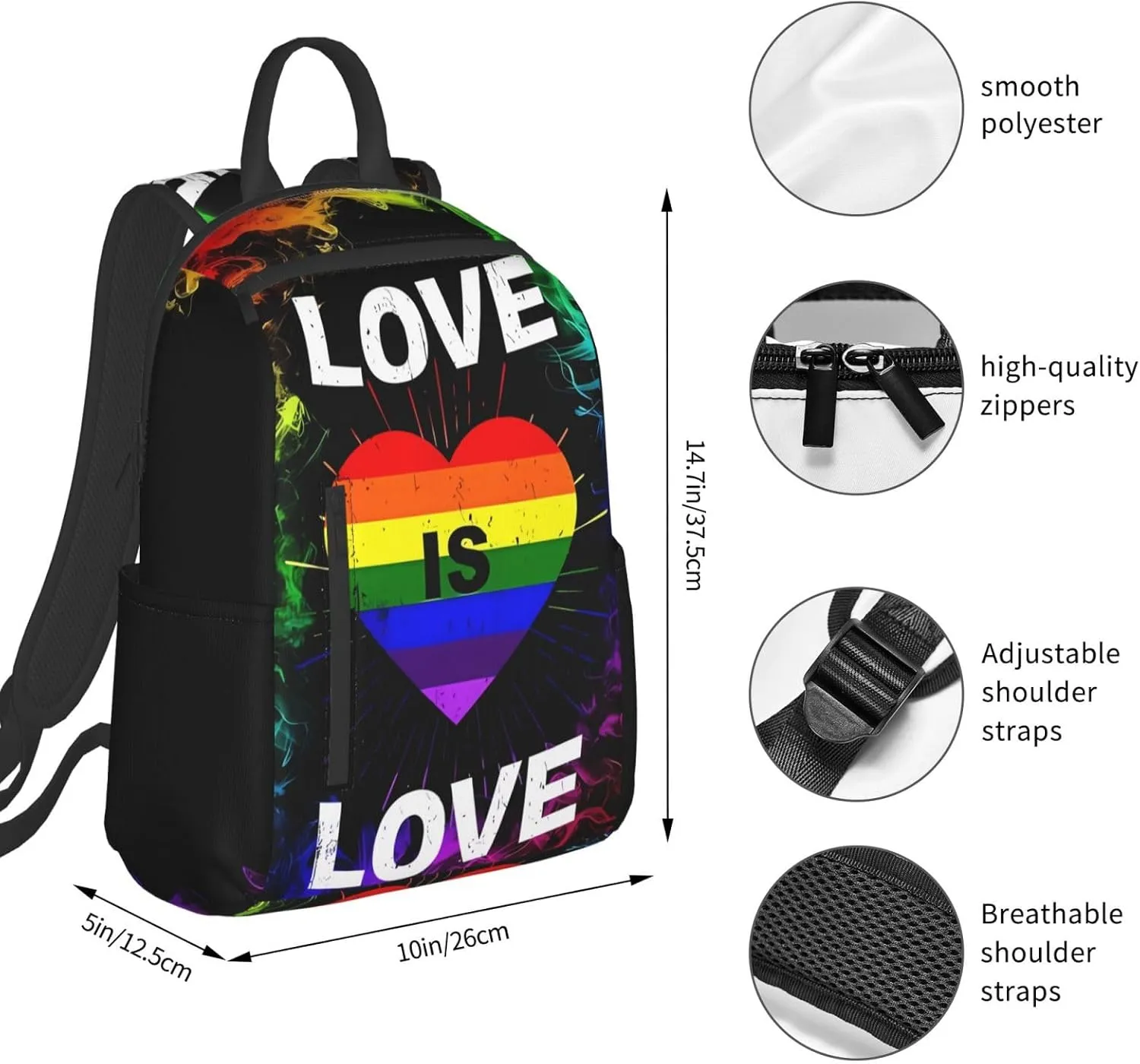 LGBT Pride Rainbow Gay Love is love Heart Travel Laptop Backpack Casual Backpacks Double Shoulder Daypack Notebook Rucksack Work Bags Sports Bag for Hiking Camping Beach