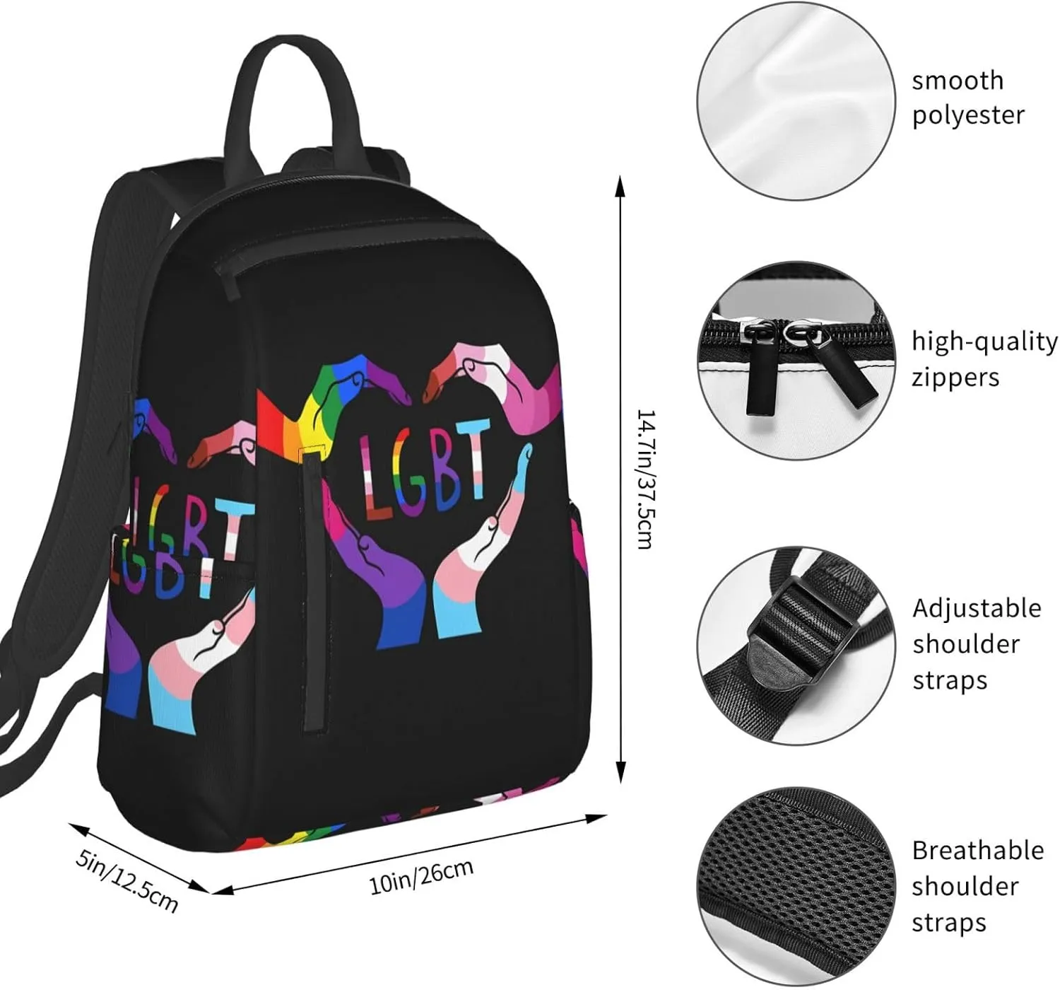 LGBT Rainbow Gay Pride Heart Gesture Travel Laptop Backpack Casual Backpacks Double Shoulder Daypack Notebook Rucksack Work Bags Sports Bag for Hiking Camping Beach