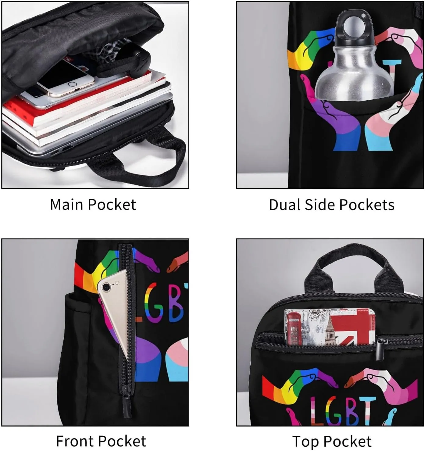 LGBT Rainbow Gay Pride Heart Gesture Travel Laptop Backpack Casual Backpacks Double Shoulder Daypack Notebook Rucksack Work Bags Sports Bag for Hiking Camping Beach