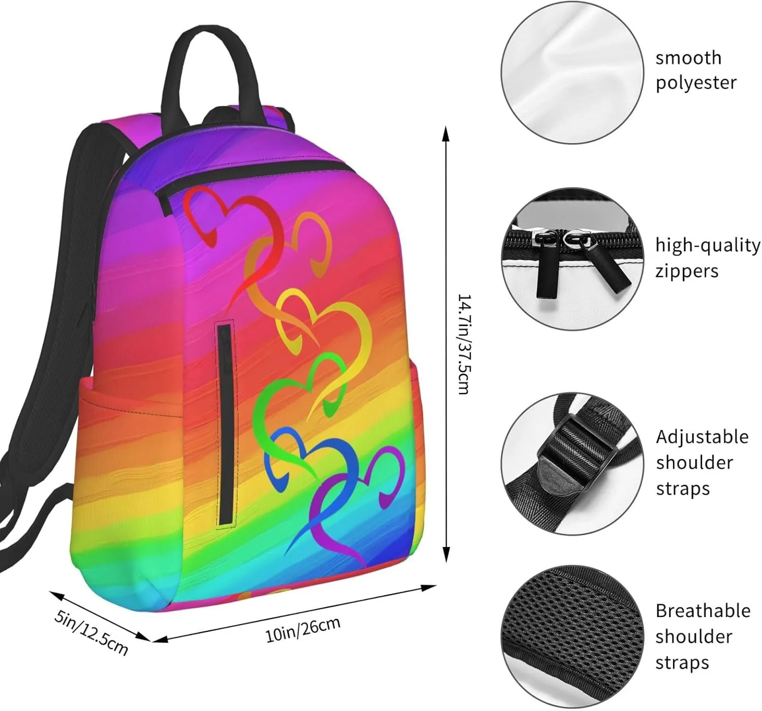 LGBT Rainbow Gay Pride Hearts Travel Laptop Backpack Casual Backpacks Double Shoulder Daypack Notebook Rucksack Work Bags Sports Bag for Gym Hiking Camping Beach