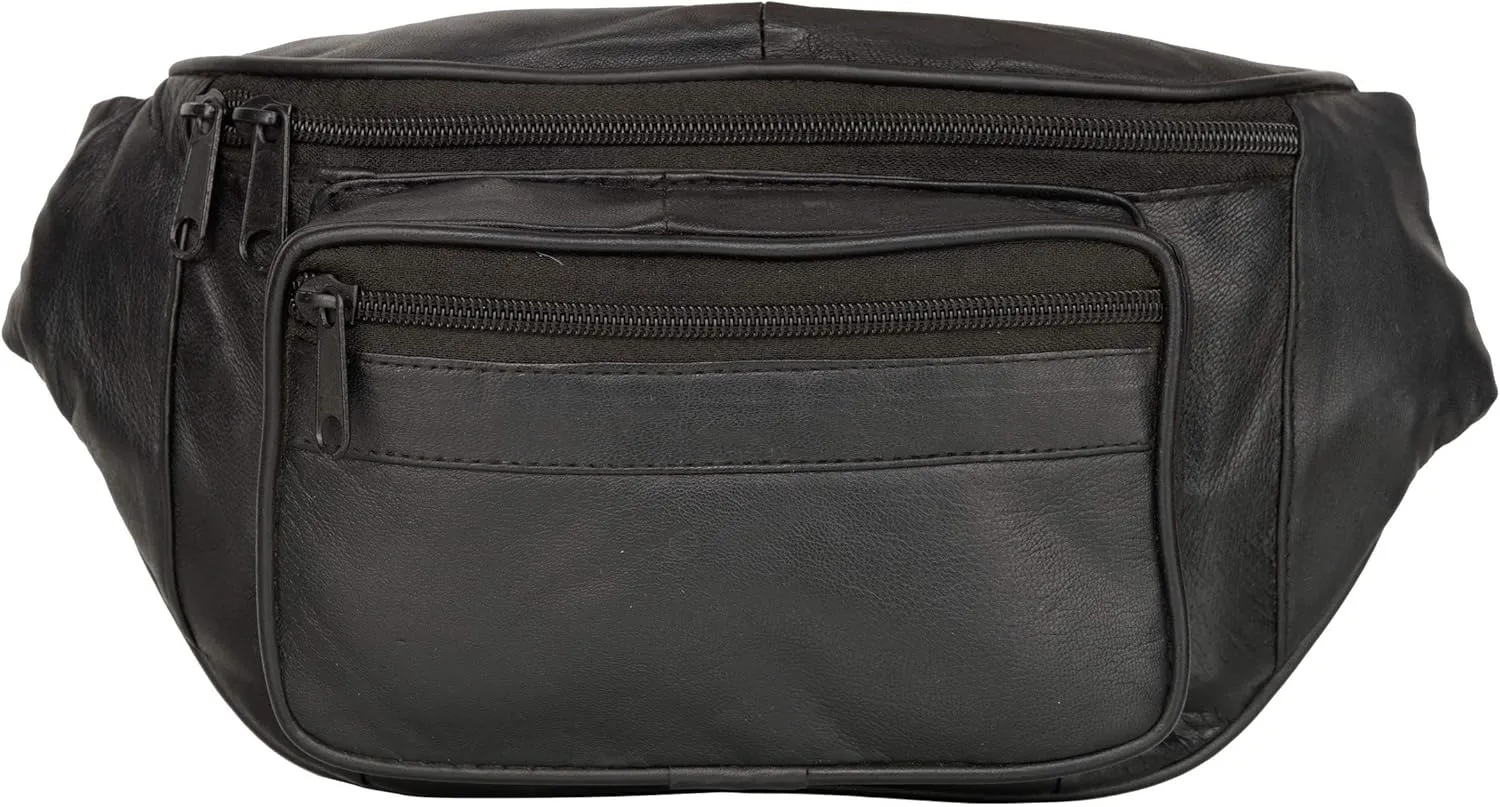 Liberty Leather Sheep Nappa Black Leather Waist Bag | Multi-Pocket Fanny Pack for Outdoor Use, Travel | Adjustable Waist Strap Bum Pack for Walking, Cycling, Running, Fashion