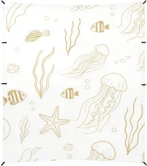 Line Drawing Ocean Animal Jellyfish Starfish Gold White Beach Cabana Tent UPF50  Protection Waterproof Large Sun Shelter Includes Sand Shovel, Sandbags, Stability Poles for Family Travel