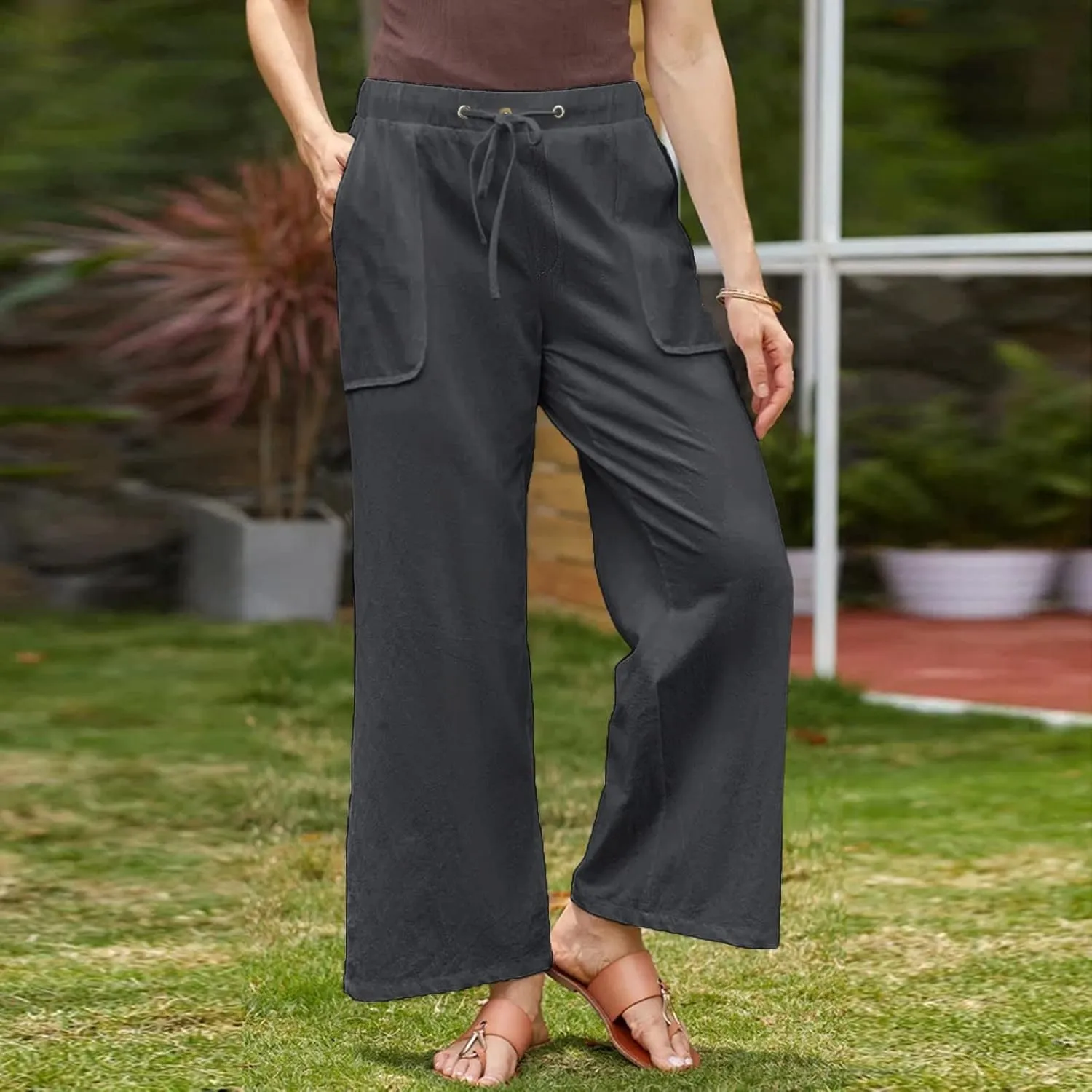 Linen Cotton Pants Women 2025 High Waisted Elastic Solid Trousers Palazzo Baggy Wide Leg Spri