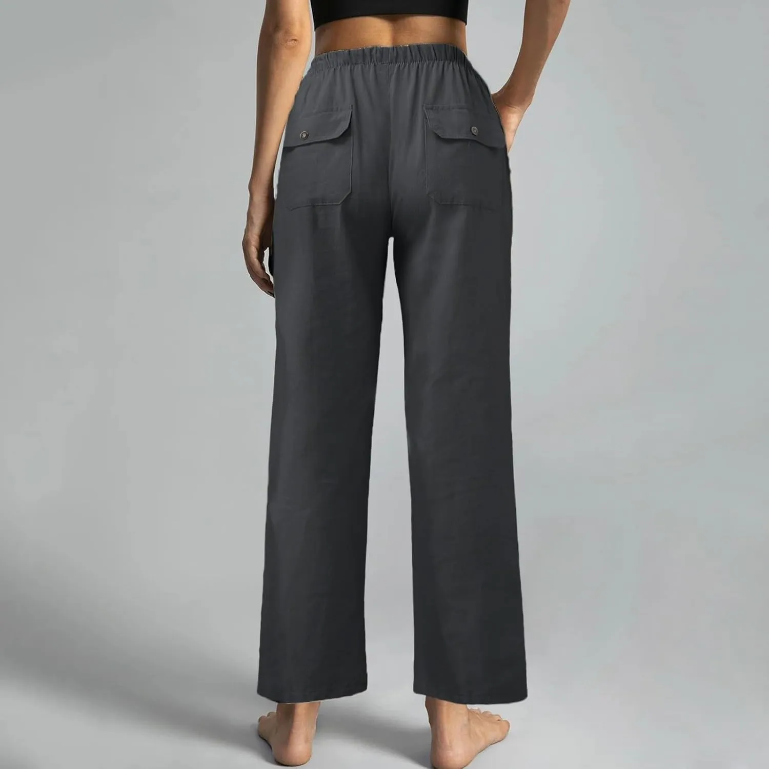 Linen Cotton Pants Women 2025 High Waisted Elastic Solid Trousers Palazzo Baggy Wide Leg Spri