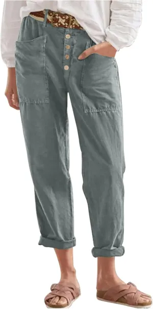 Linen Pants Women Relaxed Button High Waist Lounge Pant Casual Pockets Lightweight Cotton Summer Vacation Capris