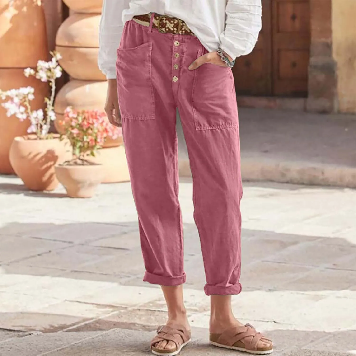 Linen Pants Women Relaxed Button High Waist Lounge Pant Casual Pockets Lightweight Cotton Summer Vacation Capris