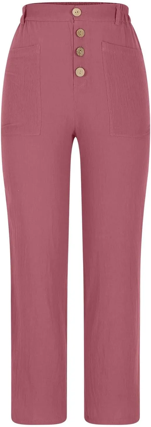 Linen Pants Women Relaxed Button High Waist Lounge Pant Casual Pockets Lightweight Cotton Summer Vacation Capris