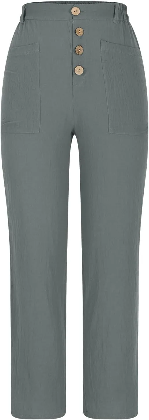 Linen Pants Women Relaxed Button High Waist Lounge Pant Casual Pockets Lightweight Cotton Summer Vacation Capris