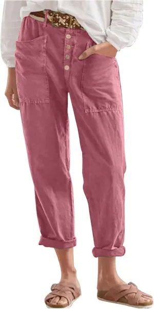 Linen Pants Women Relaxed Button High Waist Lounge Pant Casual Pockets Lightweight Cotton Summer Vacation Capris