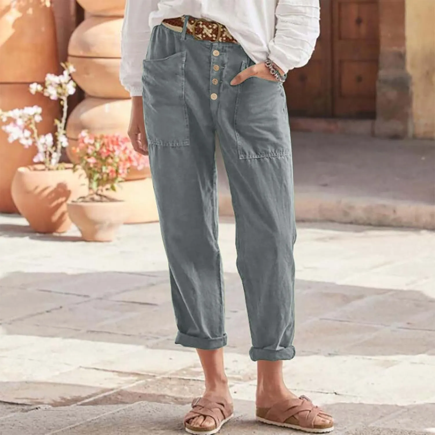 Linen Pants Women Relaxed Button High Waist Lounge Pant Casual Pockets Lightweight Cotton Summer Vacation Capris