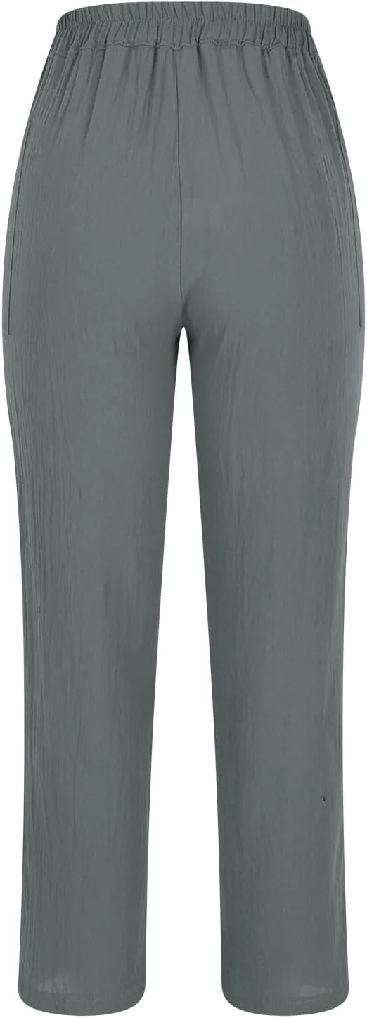 Linen Pants Women Relaxed Button High Waist Lounge Pant Casual Pockets Lightweight Cotton Summer Vacation Capris