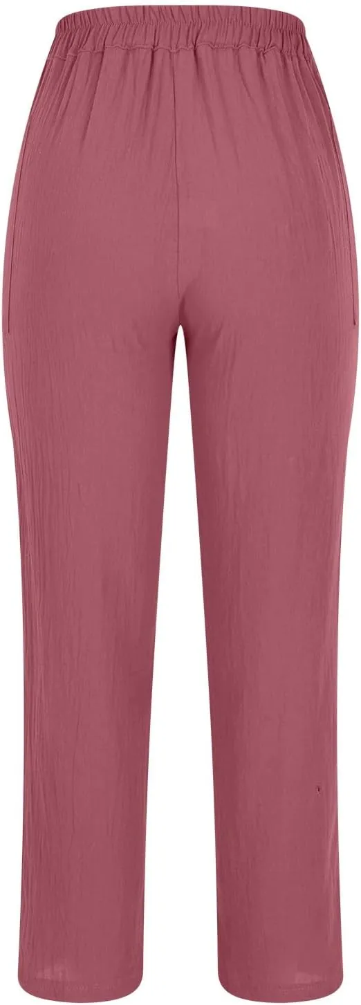 Linen Pants Women Relaxed Button High Waist Lounge Pant Casual Pockets Lightweight Cotton Summer Vacation Capris