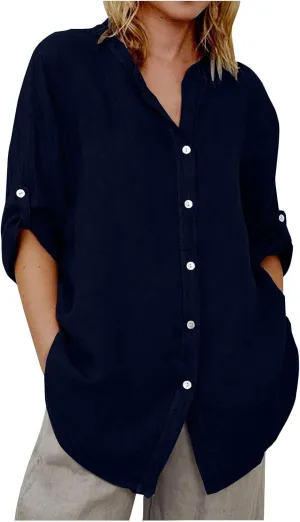 Linen Shirts for Women 3/4 Roll Up Sleeve Casual Loose Fit Button Down Boyfriend Blouses Beach Vacation Tunic Tops