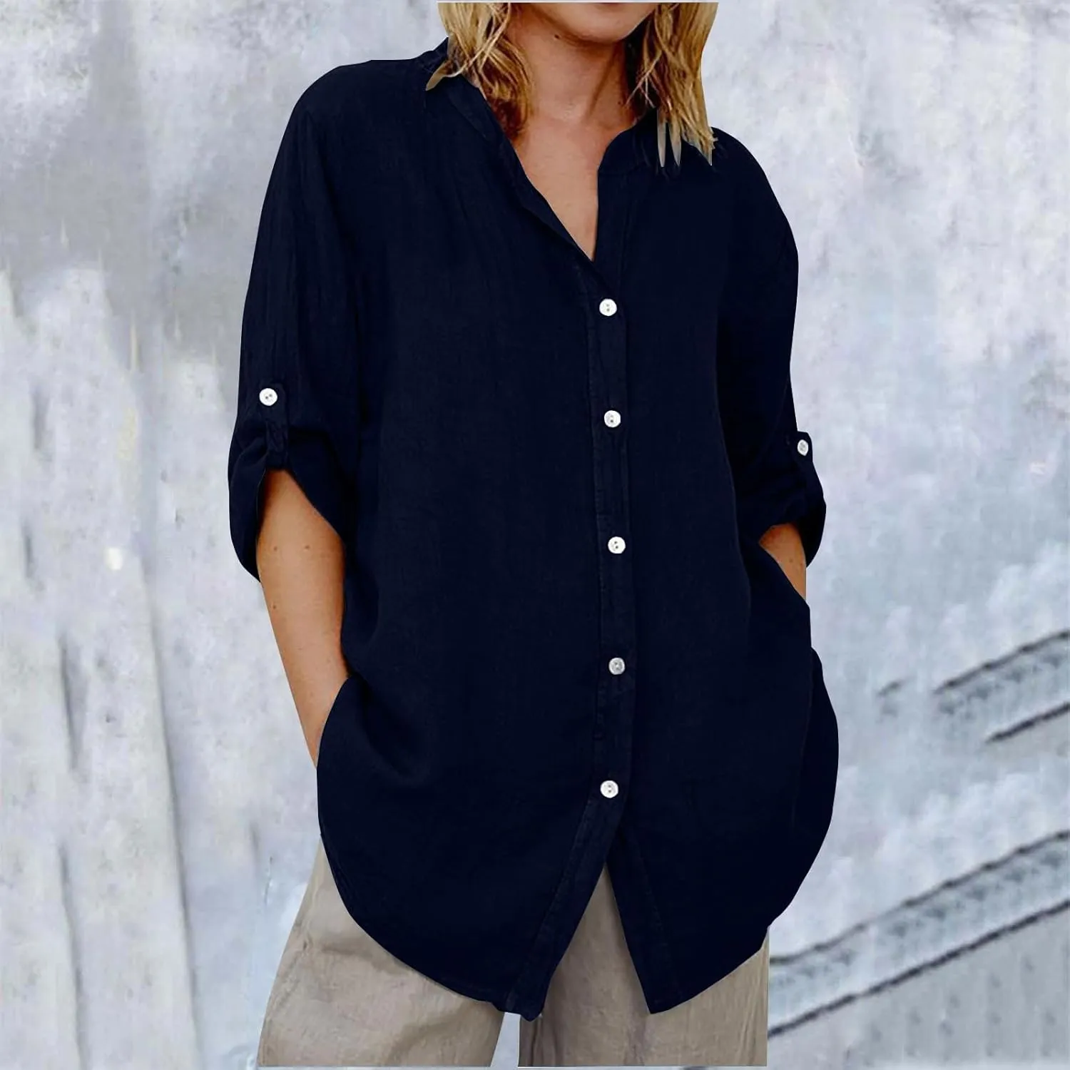 Linen Shirts for Women 3/4 Roll Up Sleeve Casual Loose Fit Button Down Boyfriend Blouses Beach Vacation Tunic Tops