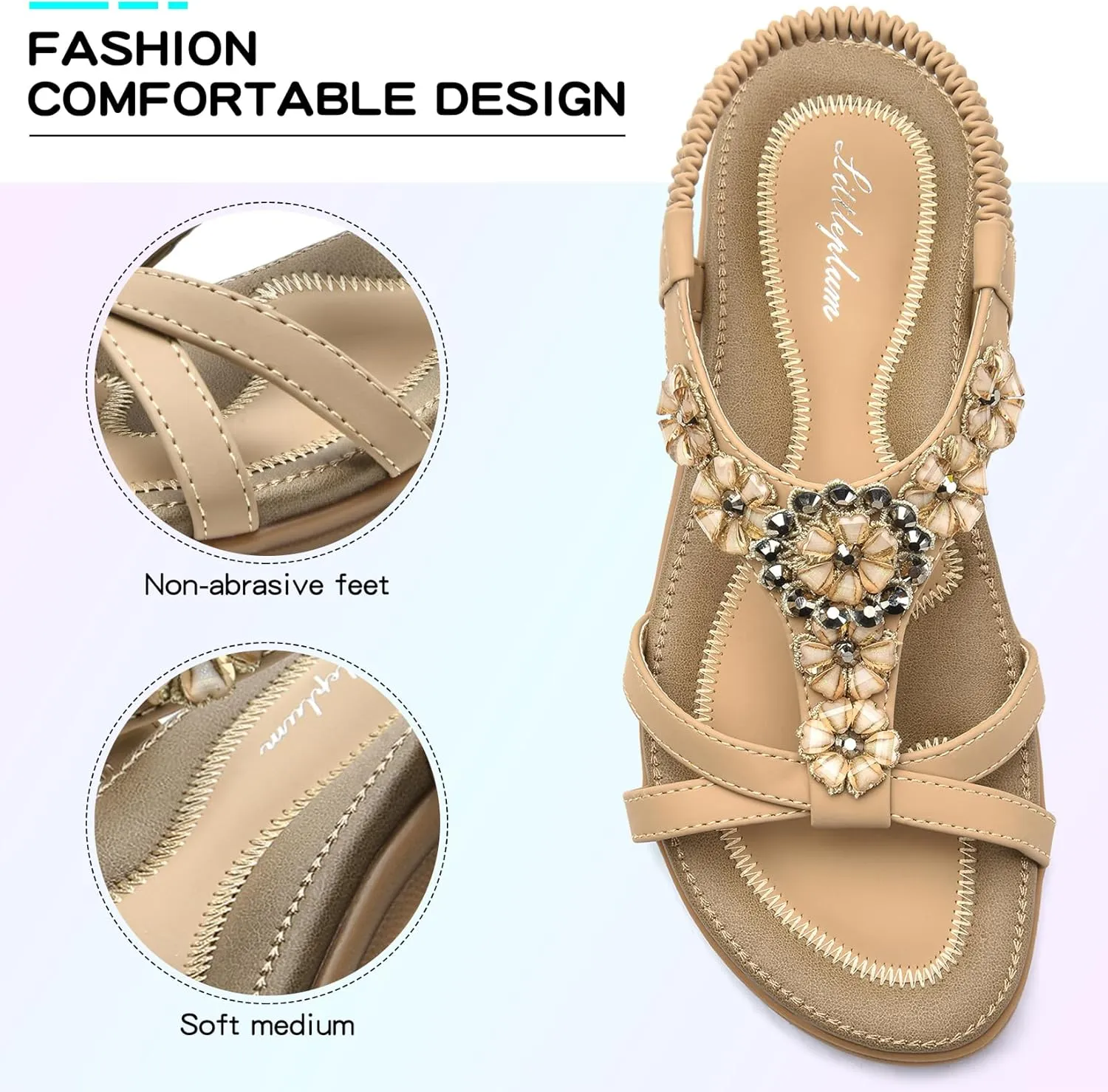 Littleplum Sandals Women Flat Dressy Sandal Summer Comfortable Slip-on Casual Beach Shoes Dress Bohemian Ankle Elastic Flats Sandals