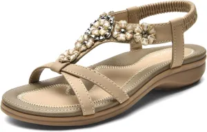 Littleplum Sandals Women Flat Dressy Sandal Summer Comfortable Slip-on Casual Beach Shoes Dress Bohemian Ankle Elastic Flats Sandals