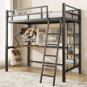 Loft Bed Twin Size, Bunk Bed with Desk, Shelves and Monitor Stand, Heavy Duty Metal Twin Loft Bed with Charging Station, Safety Guard & Ladder, Space-Saving, No Box Spring Needed