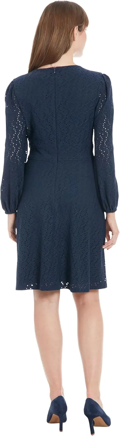 London Times Women's Elegant Eyelet Knee-Length Long Bishop Sleeves-Cinched Waist-Keyhole Neckline-Versatile Cocktail Dress