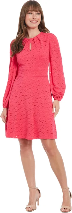 London Times Women's Elegant Eyelet Knee-Length Long Bishop Sleeves-Cinched Waist-Keyhole Neckline-Versatile Cocktail Dress