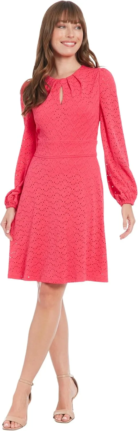 London Times Women's Elegant Eyelet Knee-Length Long Bishop Sleeves-Cinched Waist-Keyhole Neckline-Versatile Cocktail Dress