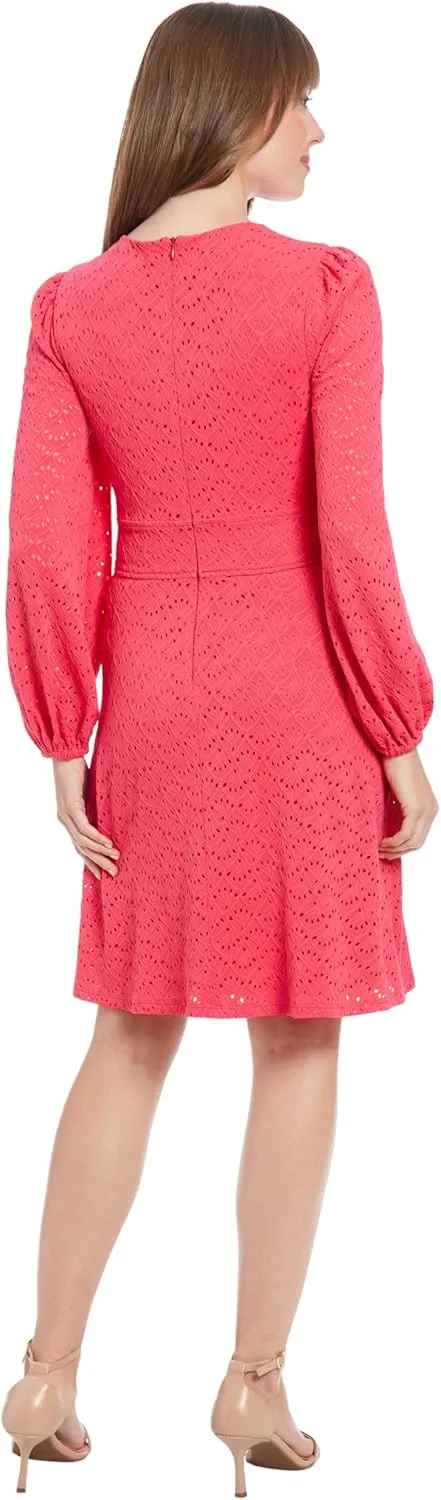 London Times Women's Elegant Eyelet Knee-Length Long Bishop Sleeves-Cinched Waist-Keyhole Neckline-Versatile Cocktail Dress