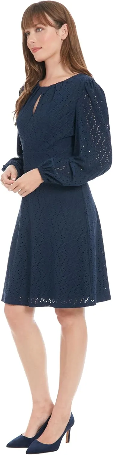 London Times Women's Elegant Eyelet Knee-Length Long Bishop Sleeves-Cinched Waist-Keyhole Neckline-Versatile Cocktail Dress