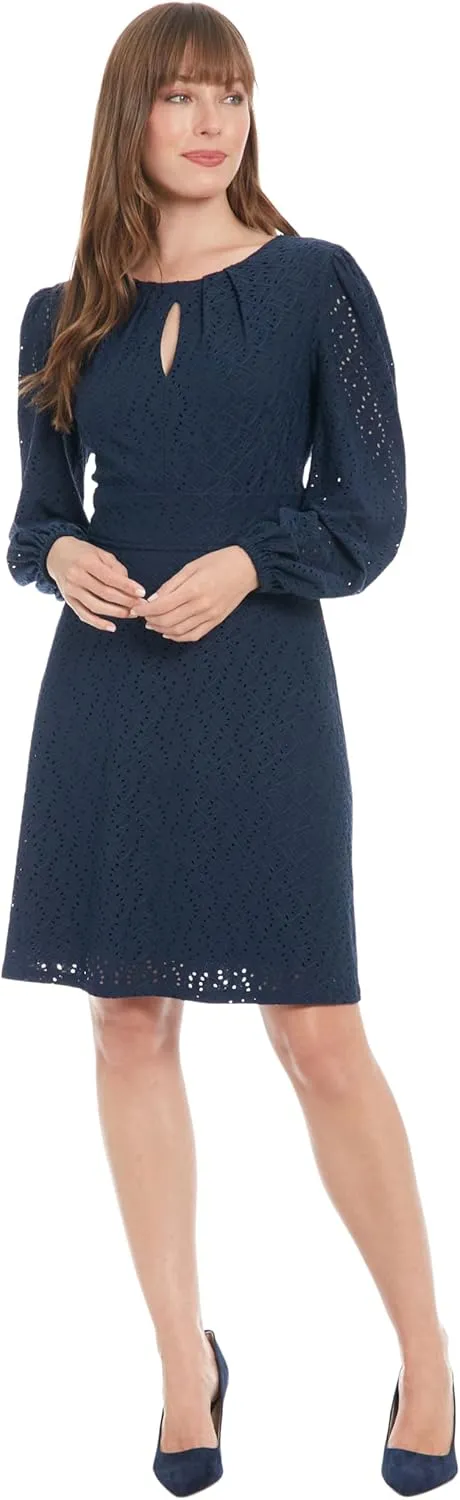 London Times Women's Elegant Eyelet Knee-Length Long Bishop Sleeves-Cinched Waist-Keyhole Neckline-Versatile Cocktail Dress