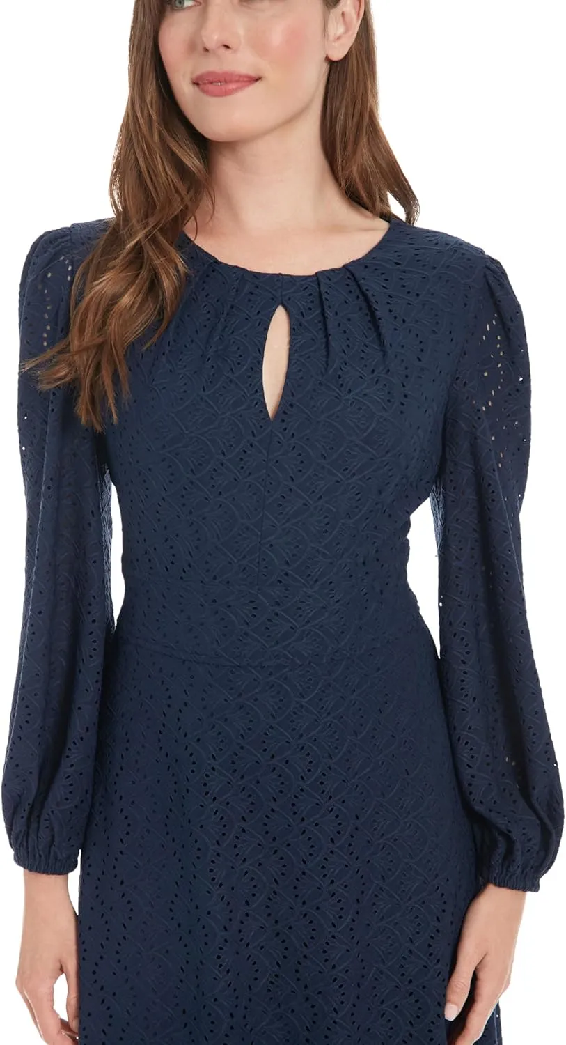 London Times Women's Elegant Eyelet Knee-Length Long Bishop Sleeves-Cinched Waist-Keyhole Neckline-Versatile Cocktail Dress