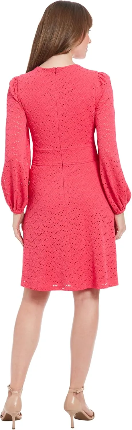 London Times Women's Elegant Eyelet Knee-Length Long Bishop Sleeves-Cinched Waist-Keyhole Neckline-Versatile Cocktail Dress