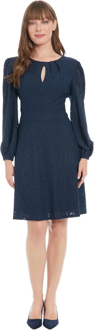 London Times Women's Elegant Eyelet Knee-Length Long Bishop Sleeves-Cinched Waist-Keyhole Neckline-Versatile Cocktail Dress
