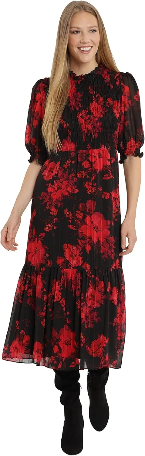 London Times Women's High Neck Sheer Midi Dress
